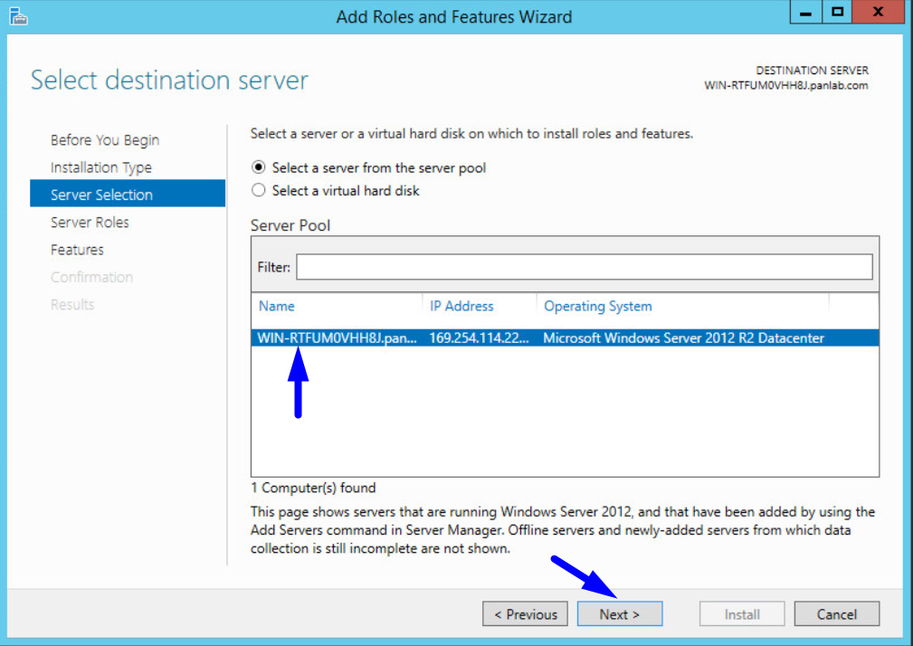 Hinzufügen von Rollen und Features Vom ausgewählten Zielserver
