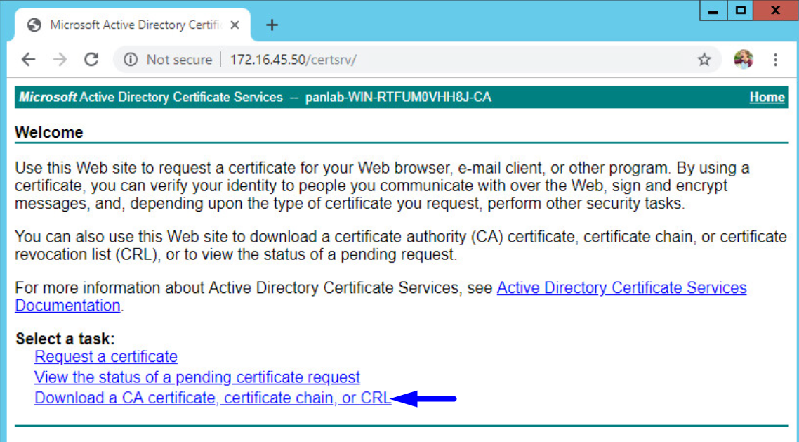 Microsoft Ad Directory-Zertifikatsdienste willkommen Laden Sie eine ca-Zertifikatskette oder crl hervorgehoben 2