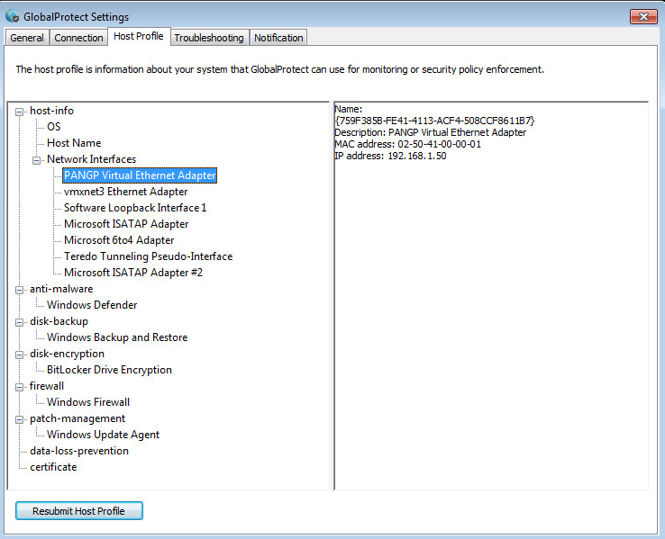 Fehlerbehebung auf der globalprotect Registerkarte Client-PC-Hostprofil