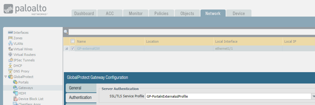 GlobalProtect configuración de puerta de enlace SSL / TLS perfil de servicio