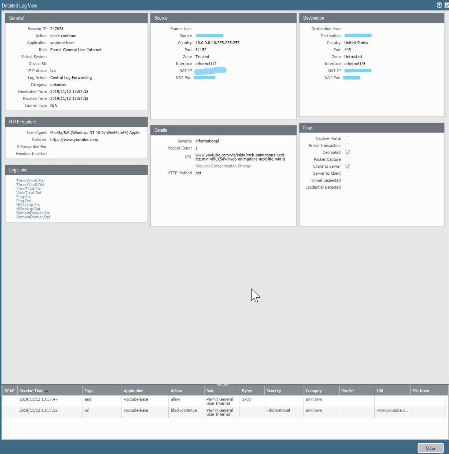 URL Protokolle Monitor Tab-Ansicht