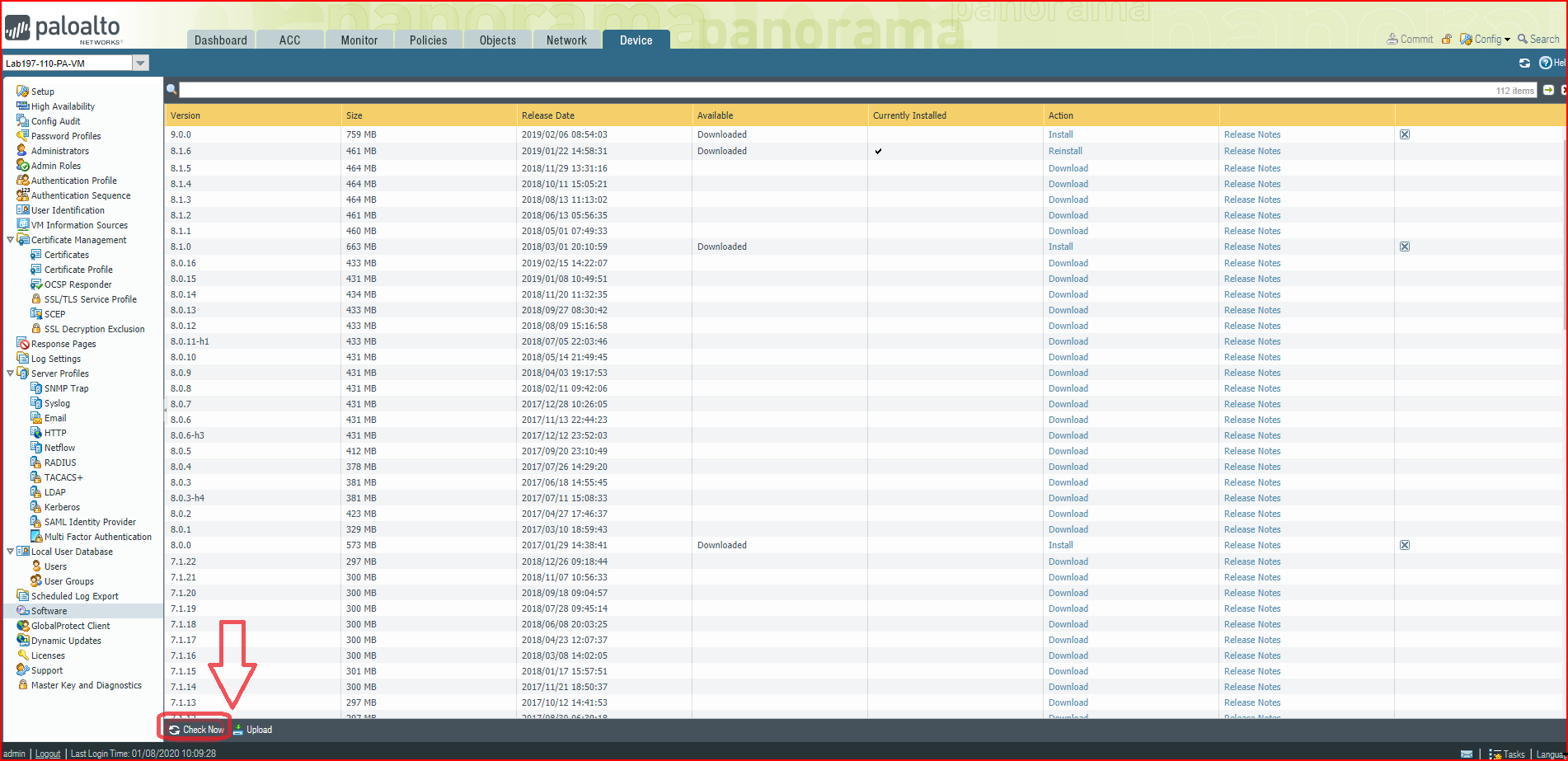 Appareil > logiciel > check now tab