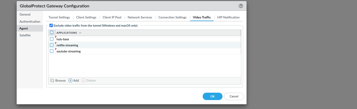 [ビデオ トラフィック除外] ダイアログ ボックスを表示するスナップショット