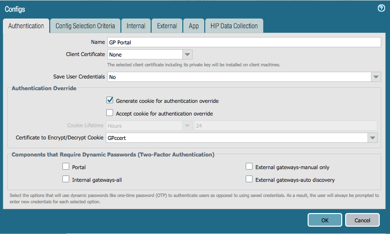 GlobalProtect Portal en configuraciones en la pestaña Autenticación para habilitar la generación de cookies