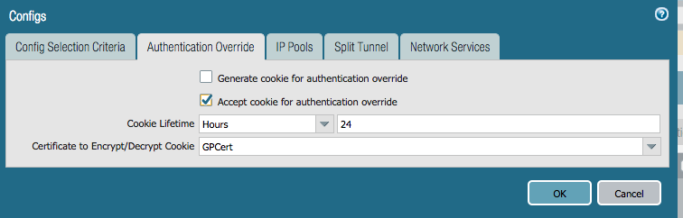 GlobalProtect Puerta de enlace en configuraciones en la pestaña Anulación de autenticación para aceptar la cookie