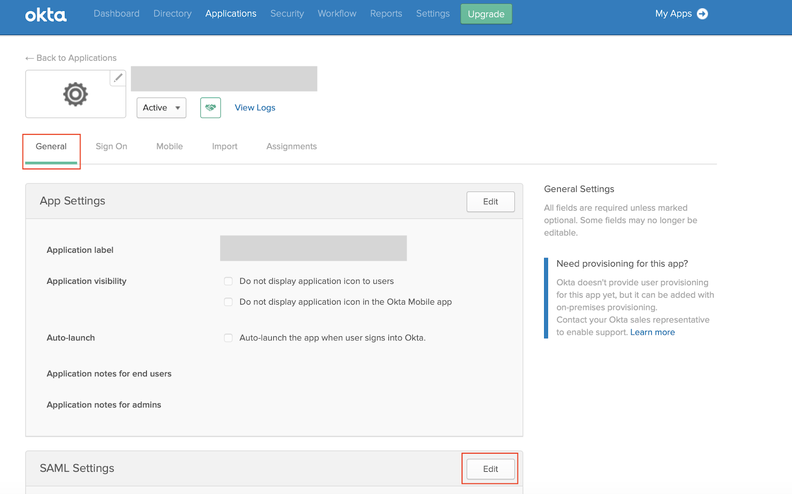 Cliquez sur la nouvelle intégration d’application que vous avez créée et sélectionnez Paramètres > SAML > Modifier.