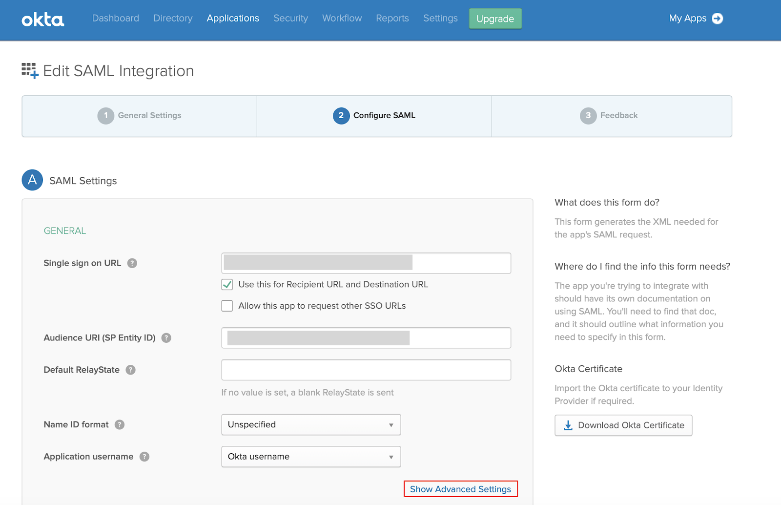 Cliquez ensuite, et sur SAML Configurer, sélectionnez Afficher les paramètres avancés.