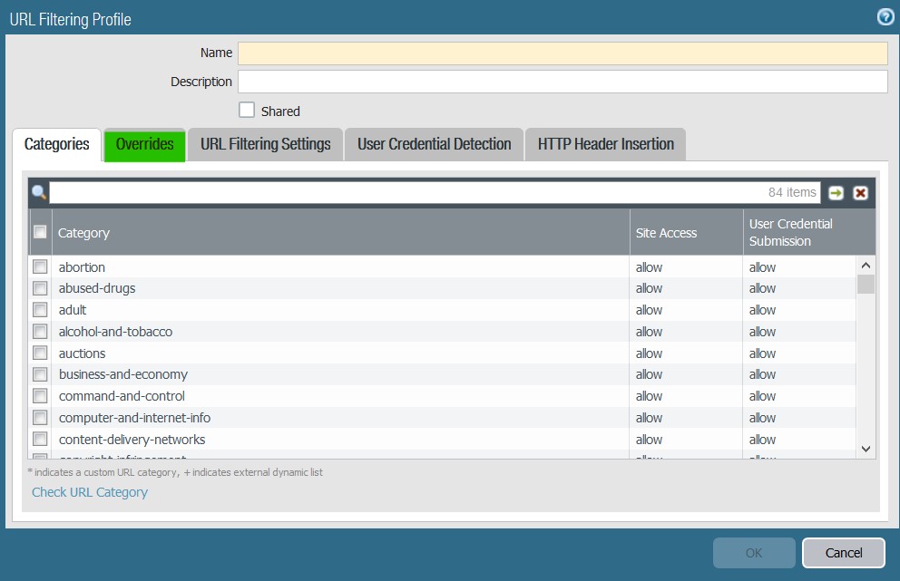 URL onglet de substitution de filtrage inclus
