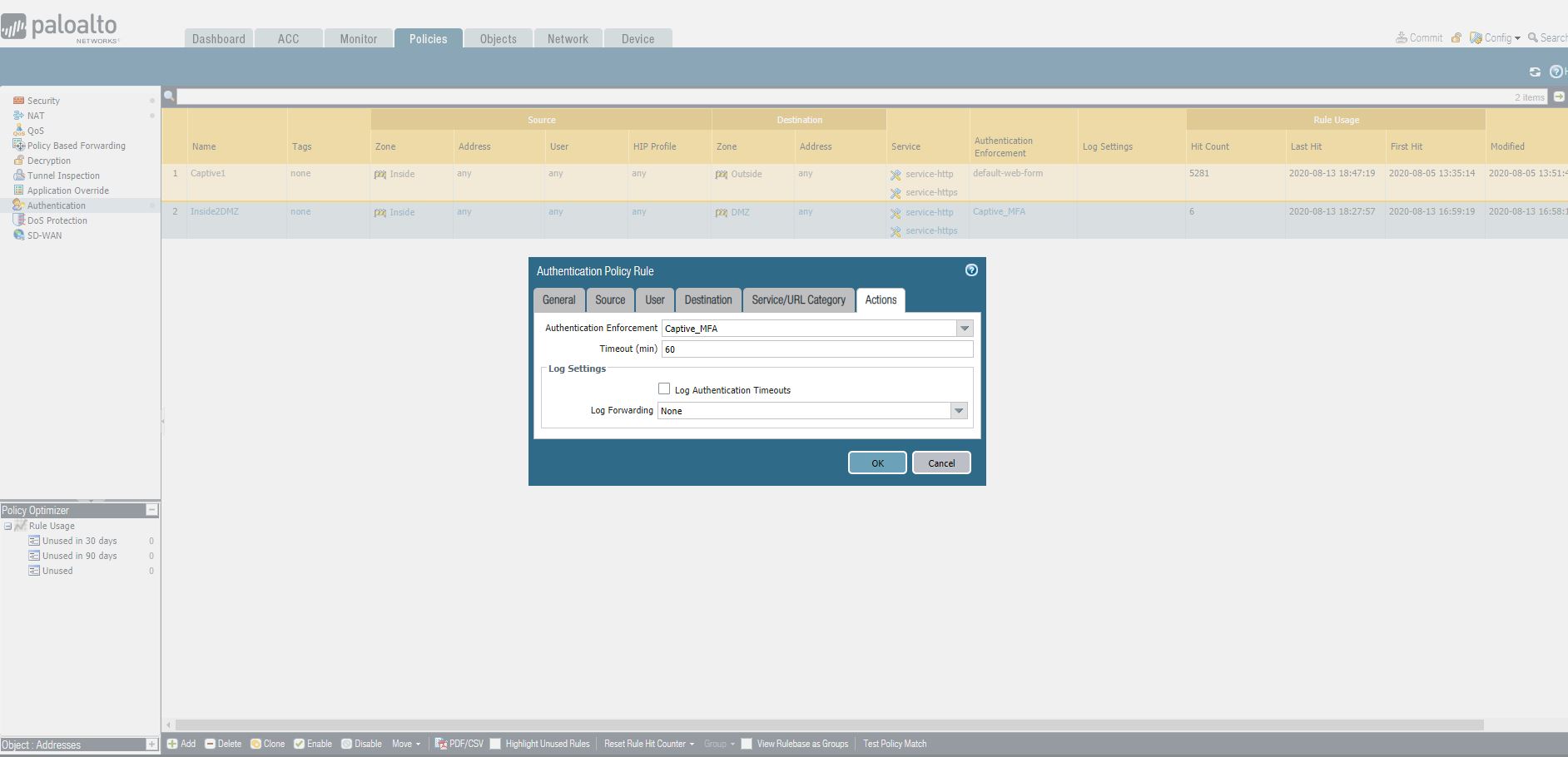 此图像显示身份验证 Policy 配置