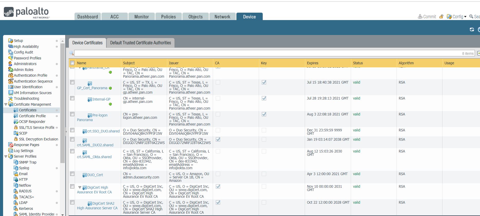 この画像は、証明書プロファイルの作成を示しています。 PAN OS