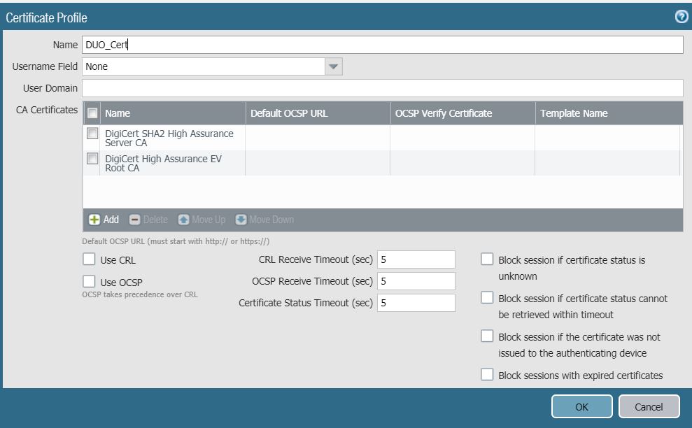 この画像は、証明書プロファイルの作成を示しています。 PAN OS