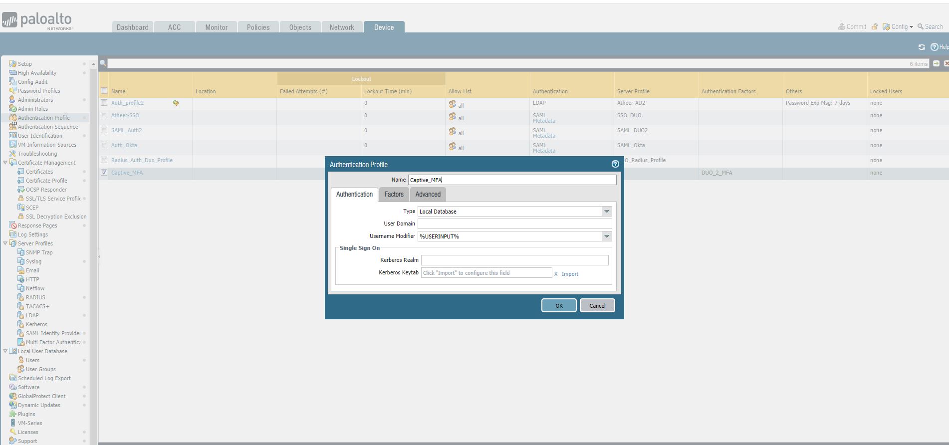 Dieses Bild zeigt die Erstellung des Authentifizierungsprofils in PAN OS