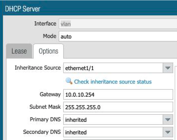 [オプション] をクリックし、ゲートウェイ、サブネット マスク、およびサーバーに適切なオプション DNS NTP を追加します。