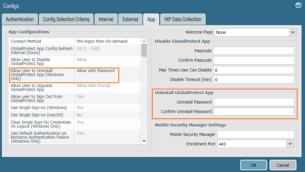 Autoriser l’utilisateur à désinstaller GlobalProtect l’application