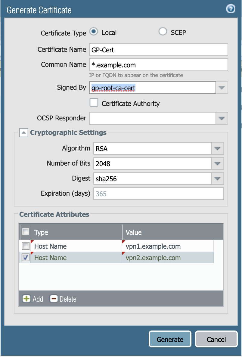 Snapshot displaying the creation of a new leaf certificate within PAN-OS