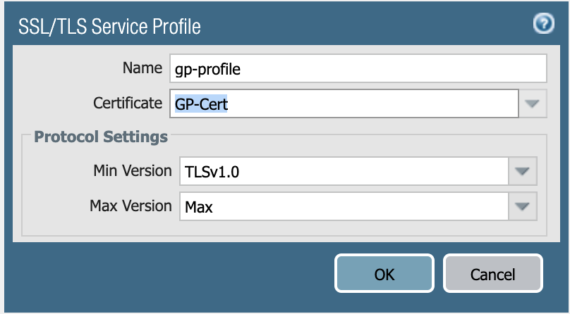 Snapshot displaying the SSL/TLS Service Profile dialog box