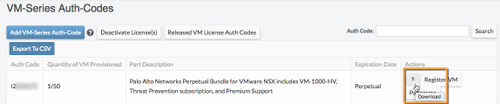 Screenshot of VM-Series Auth-Codes Download icon