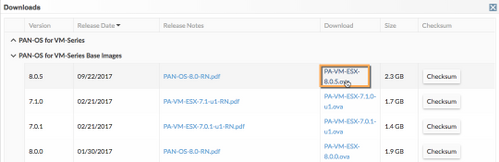 Screenshot of downloads popup with PA-VM-ESX-8.0.5 highlighted