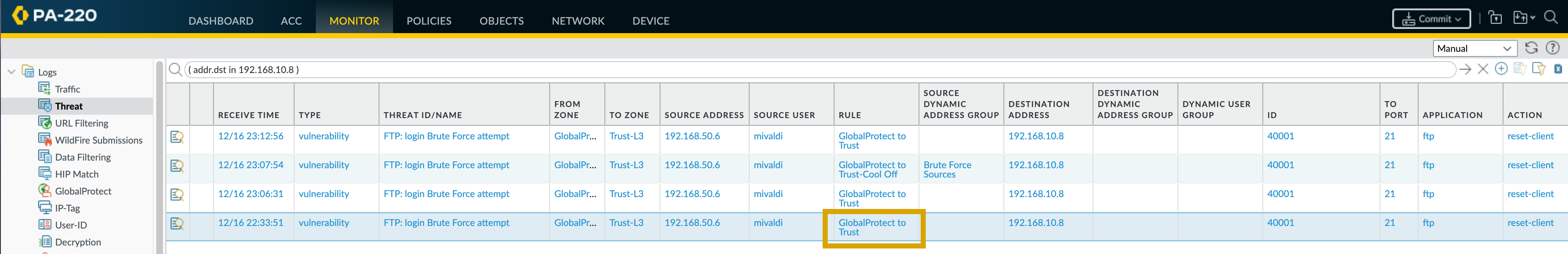 Identify Security Policy currently matching the interesting traffic.