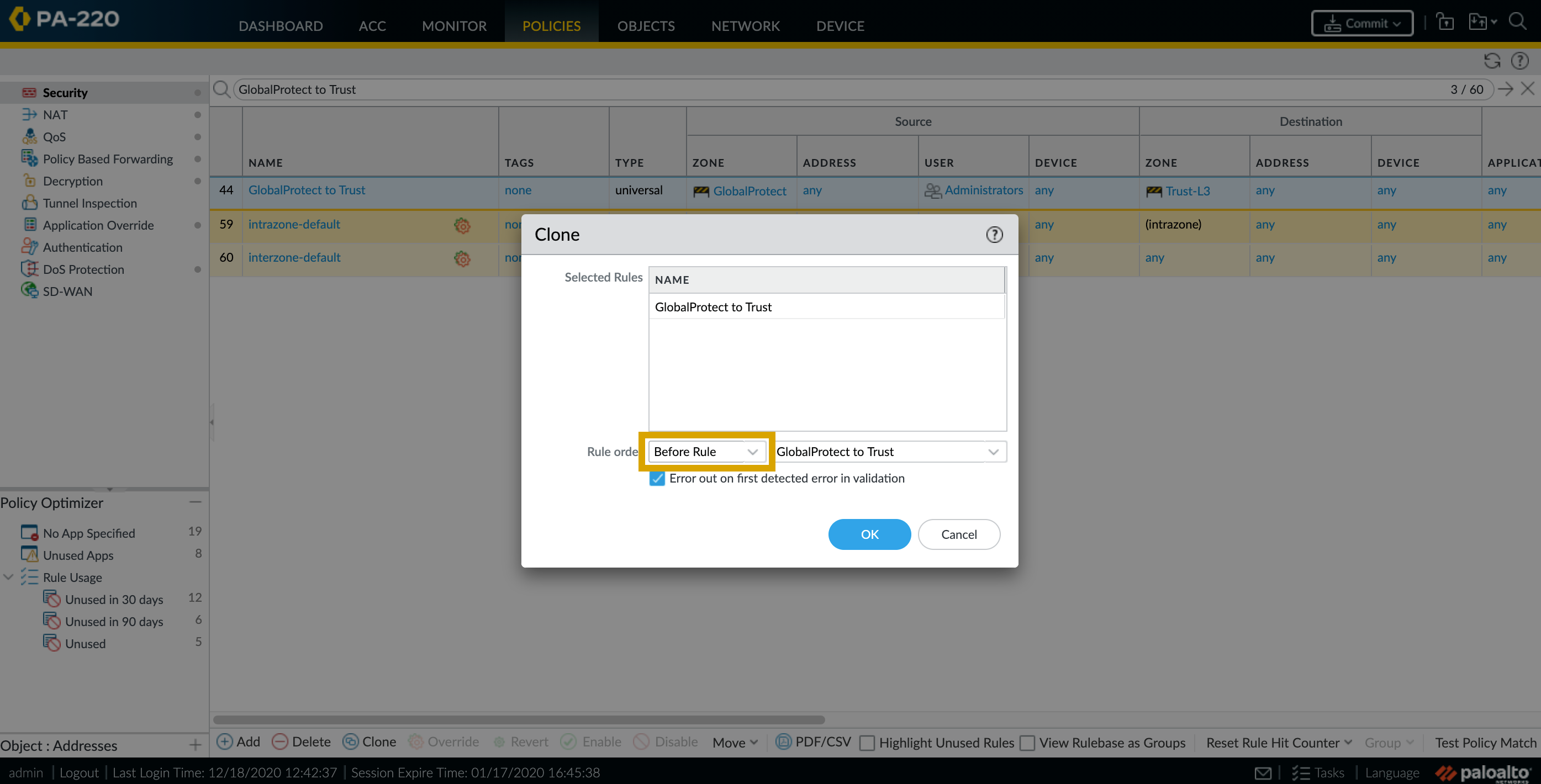 Clone Security Policy to precede the currently matched rule