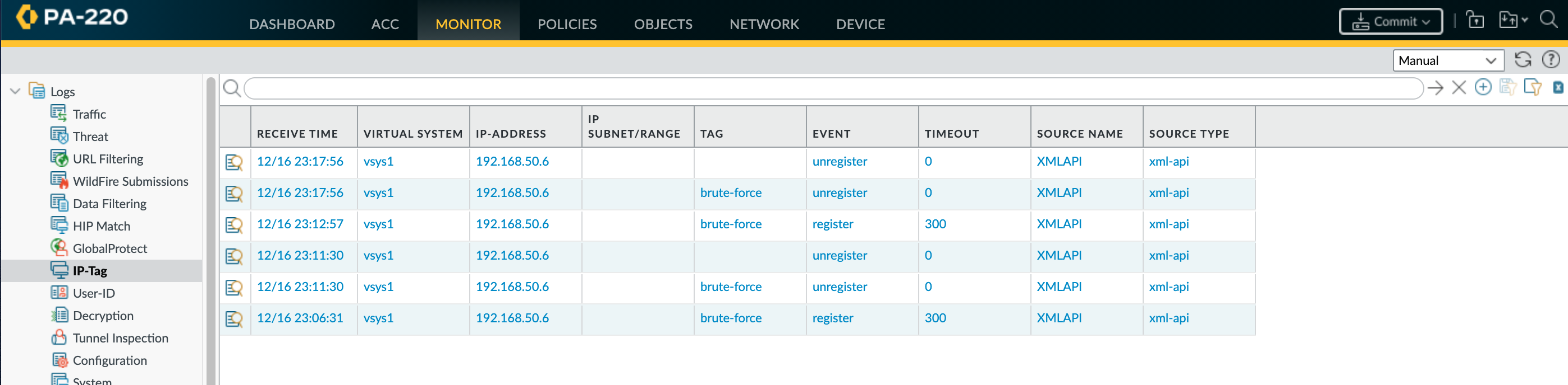 IP Tag logs under the Monitor tab