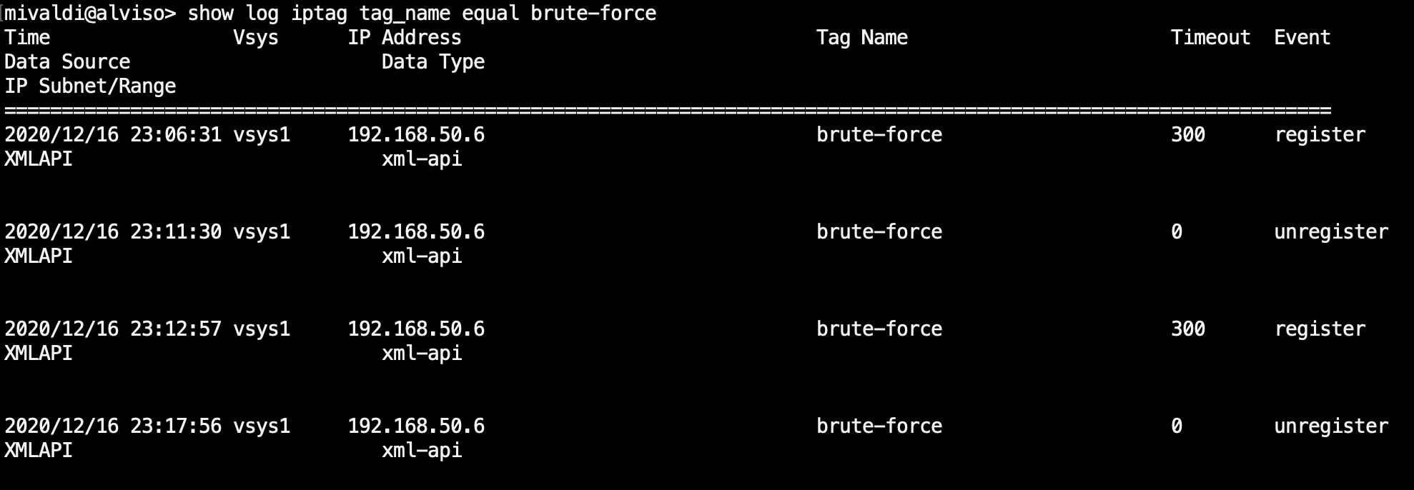 show log iptag tag_name equal brute-force