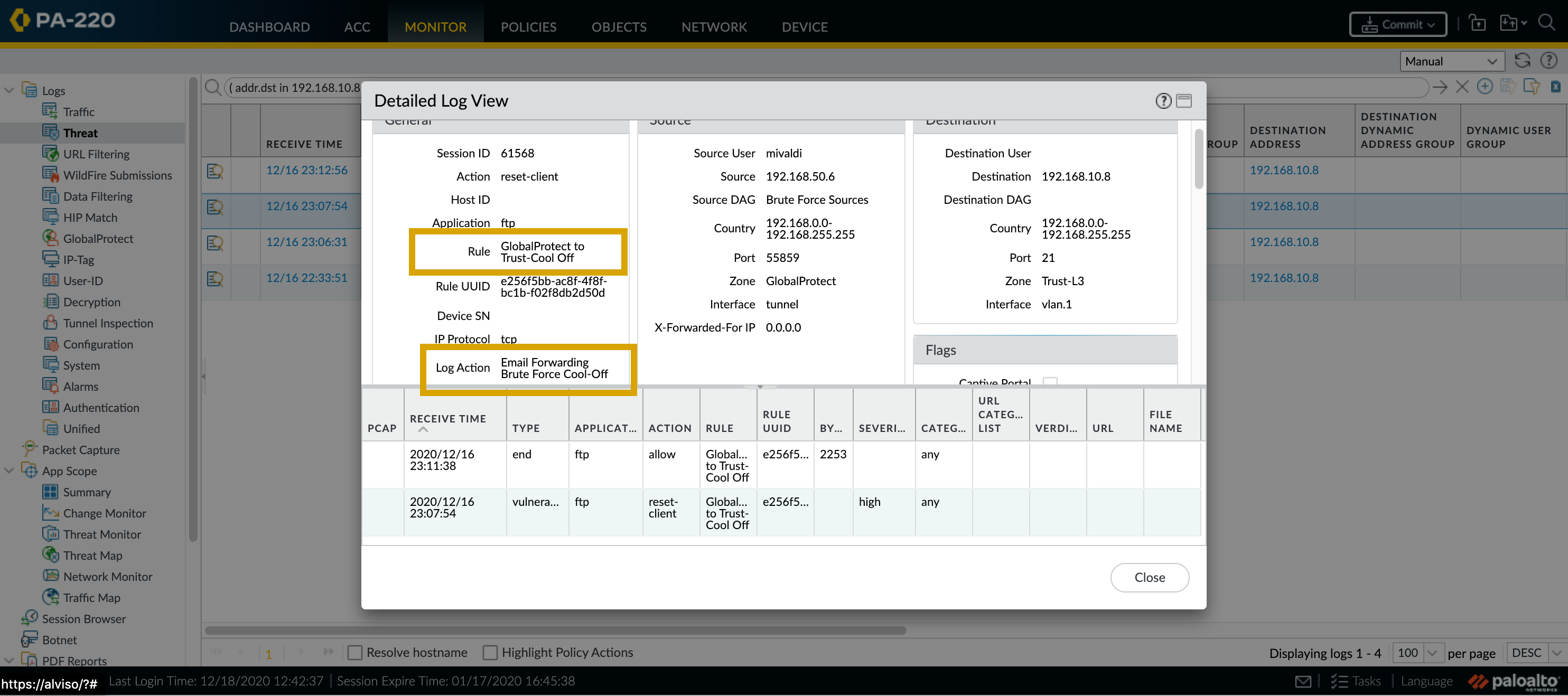 Der Datenverkehr entspricht dem neuen Log Forwarding-Profil