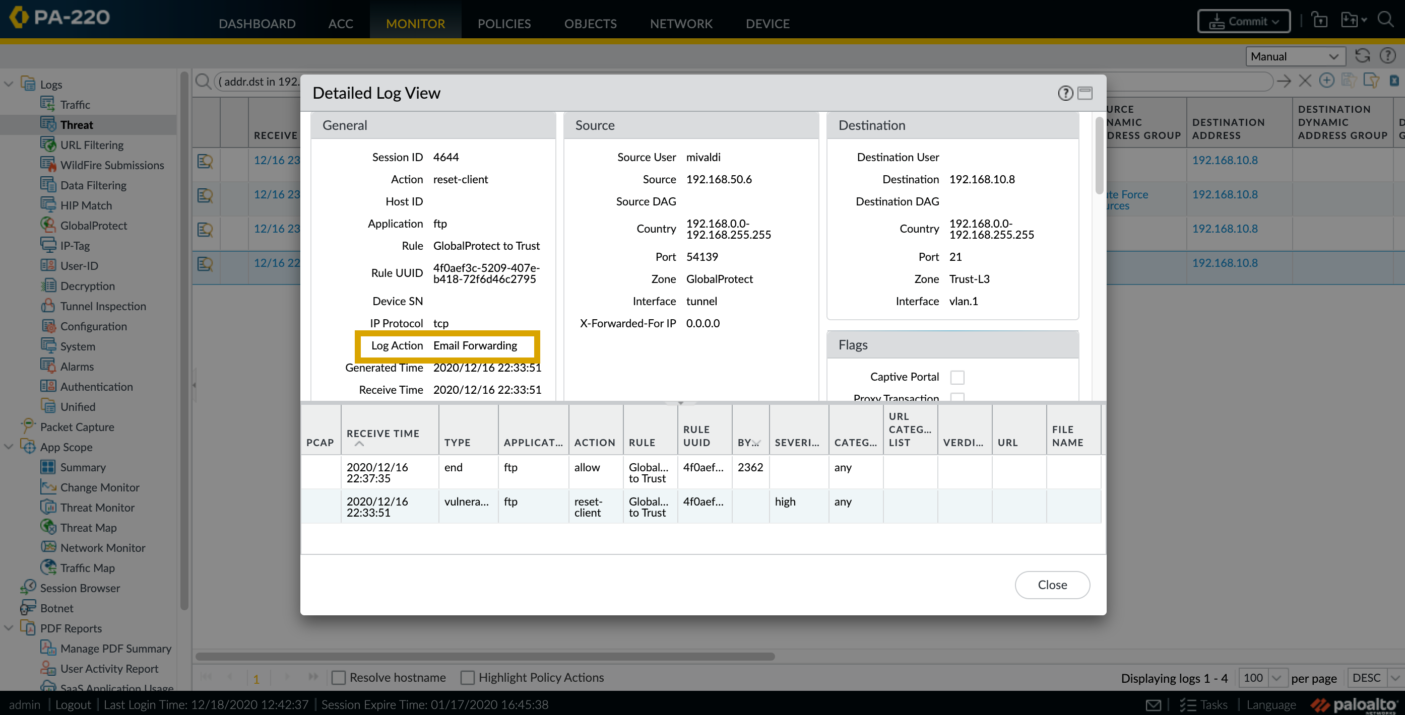 Identifier le nom du profil de forwarding de journal