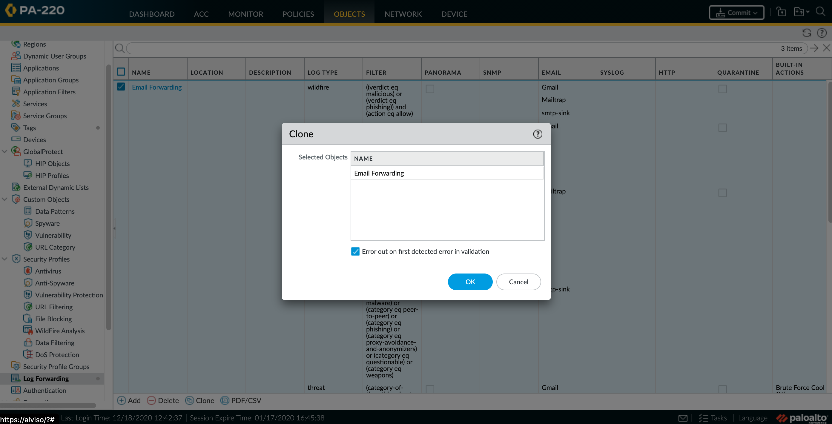 Clone Email Log Forwarding Profil.