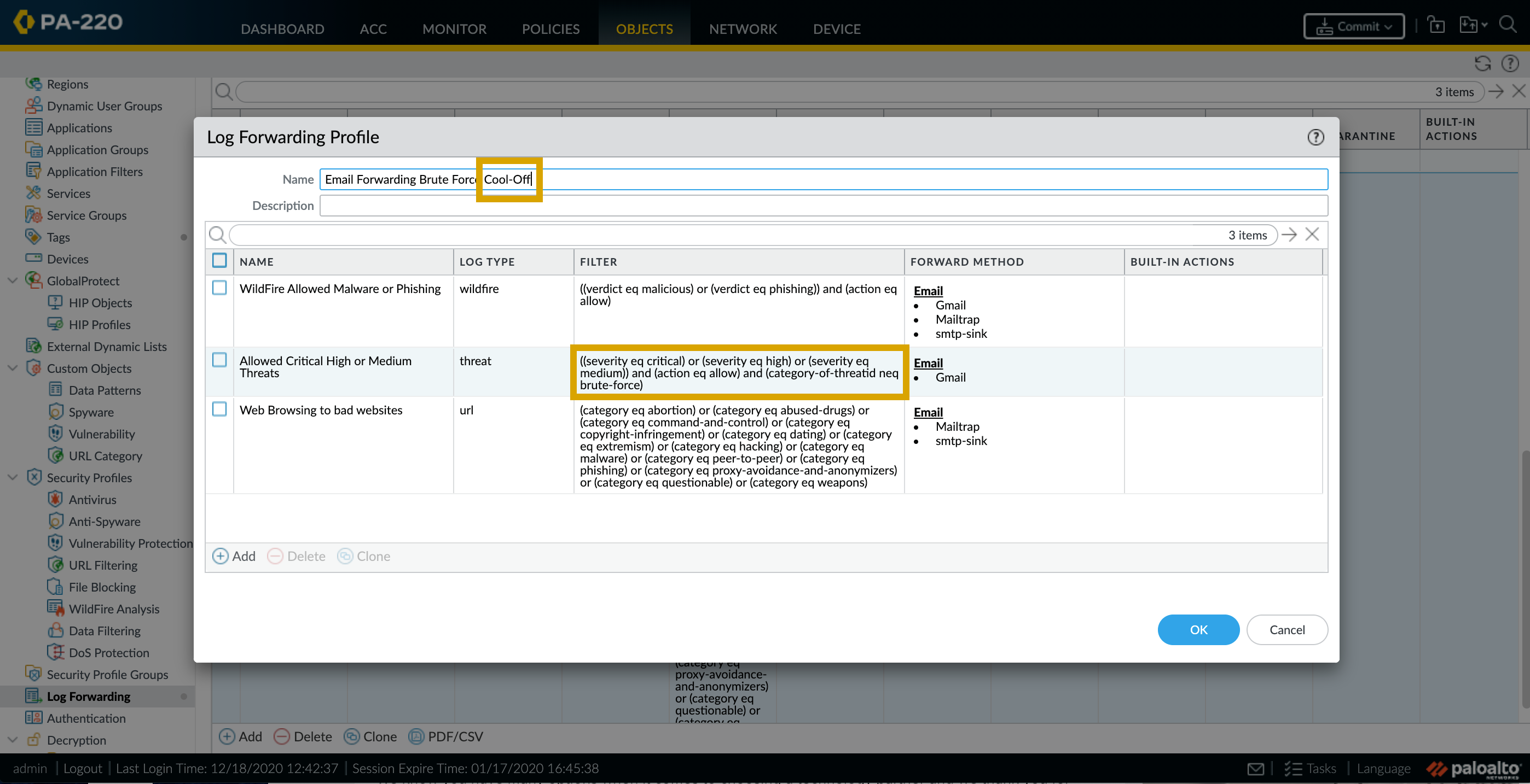 Modifier le profil de forwarding journal nouvellement créé (cloné)