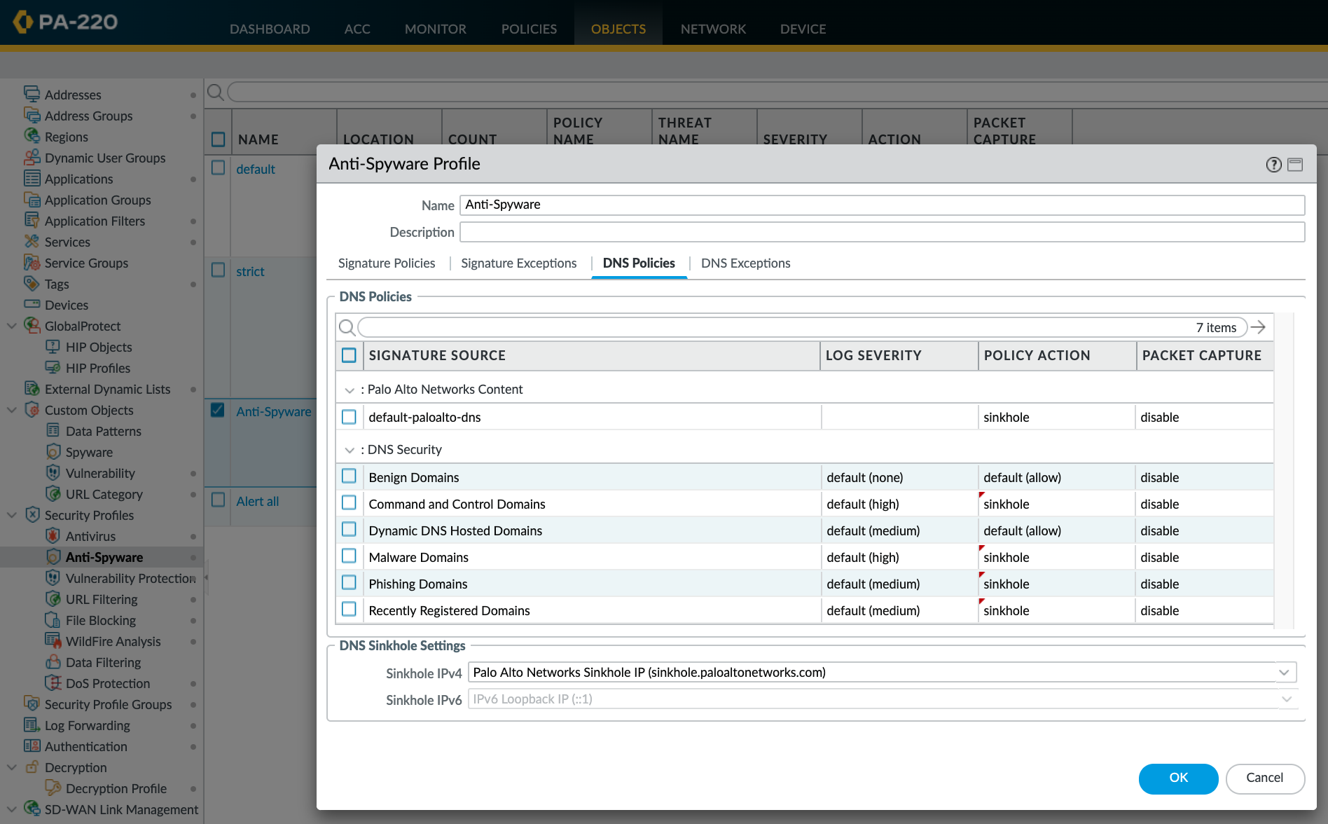 Default actions on for malicious categories in DNS Security edited to sinkhole