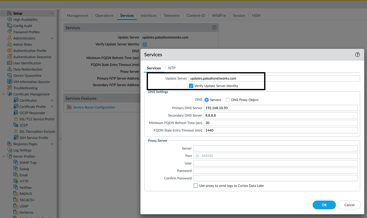 actualizar la configuración del servidor
