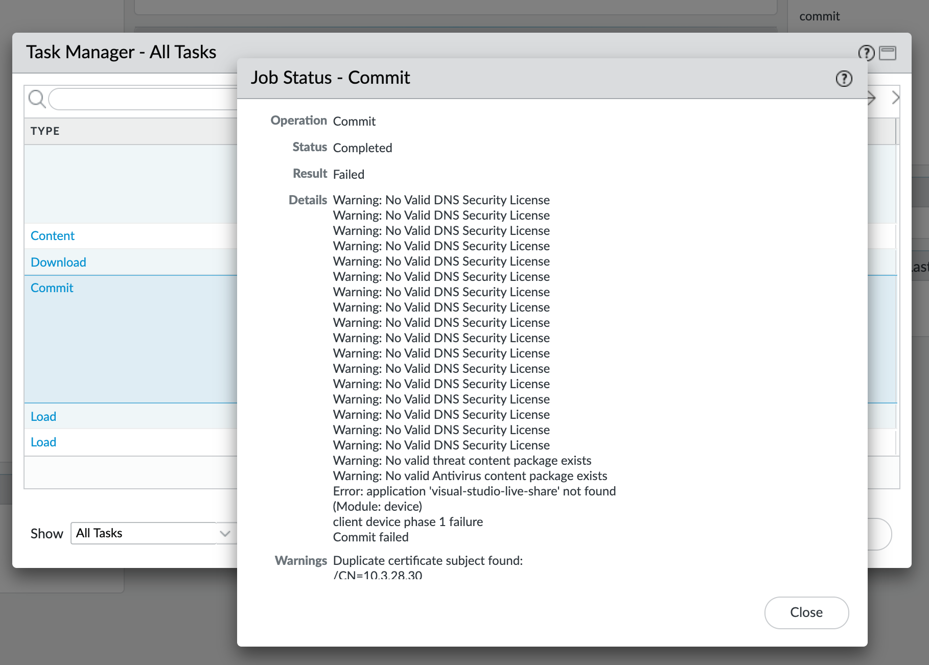 複数の重複した警告エラーを示す Web GUI のスクリーンショット
