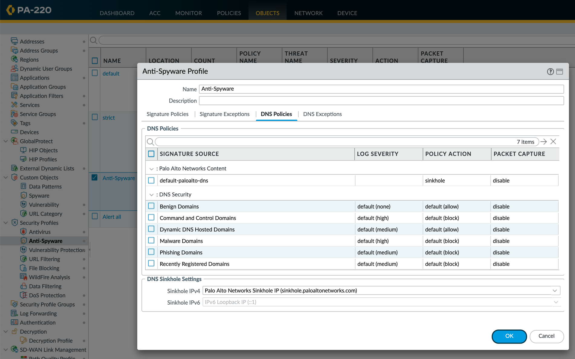 Actions par défaut pour les catégories malveillantes dans DNS Security l’ensemble pour bloquer