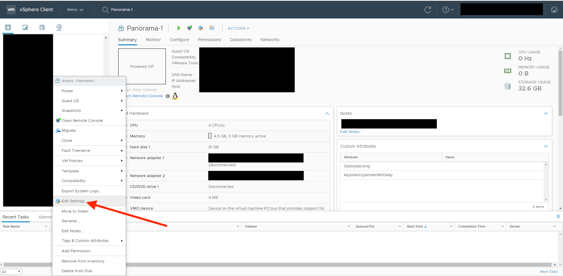 modifier les paramètres de la VM