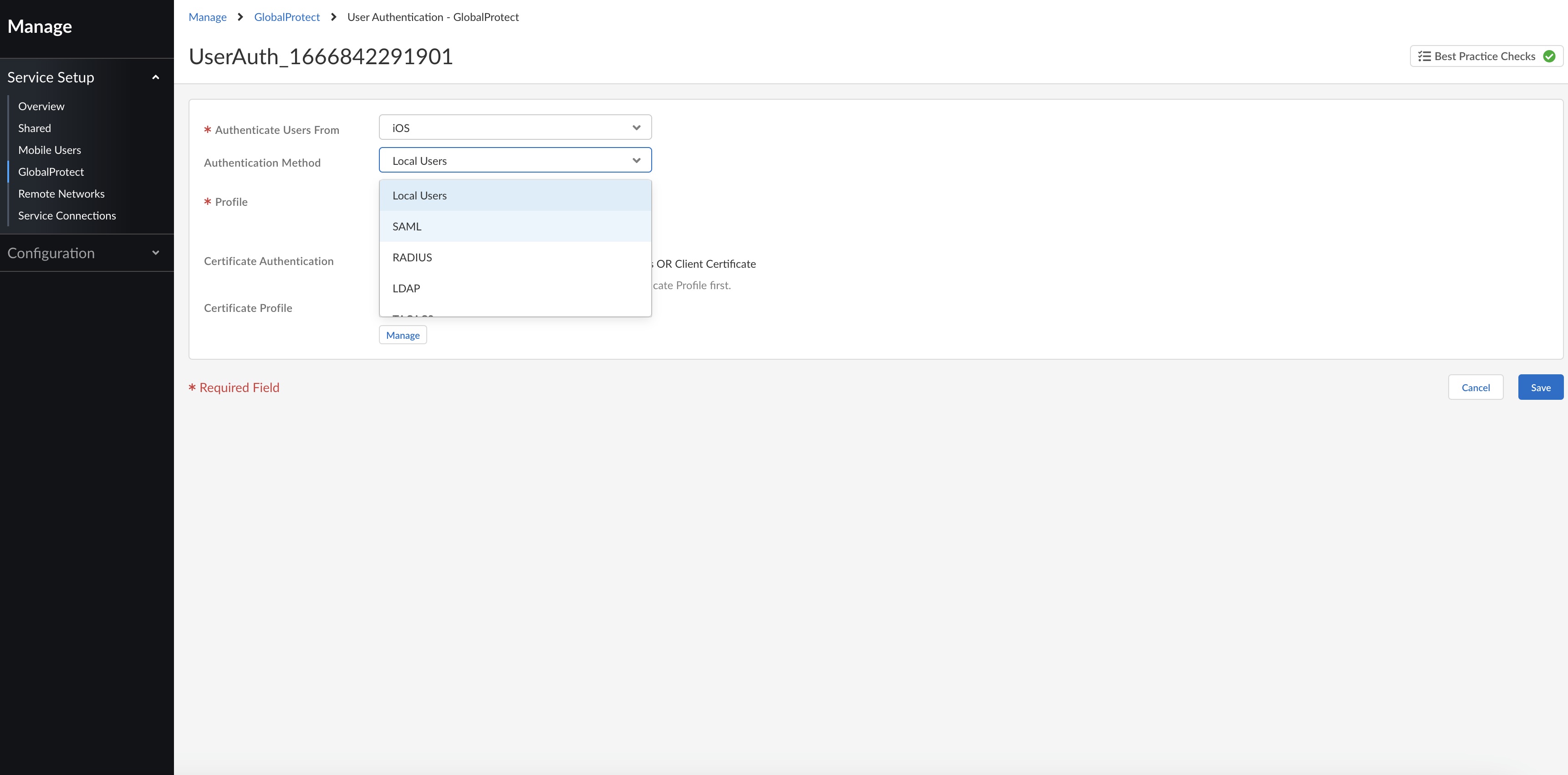 PA authentication profile