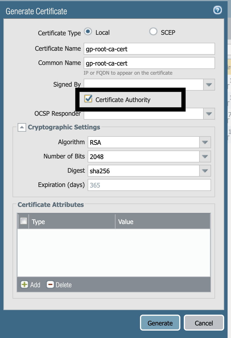 Snapshot, der das Dialogfeld Zertifikat generieren mit aktiviertem Kontrollkästchen Zertifizierungsstelle anzeigt