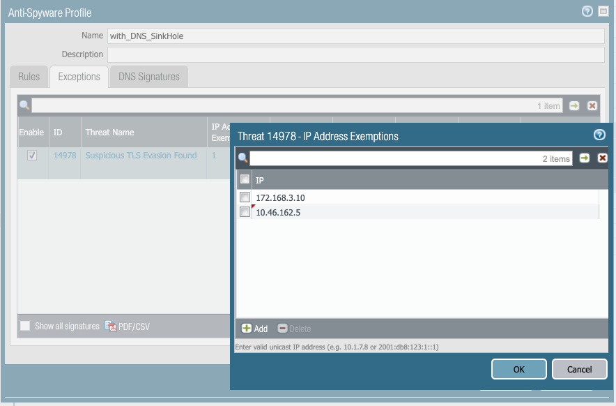 间谍软件例外使用 IP 例外