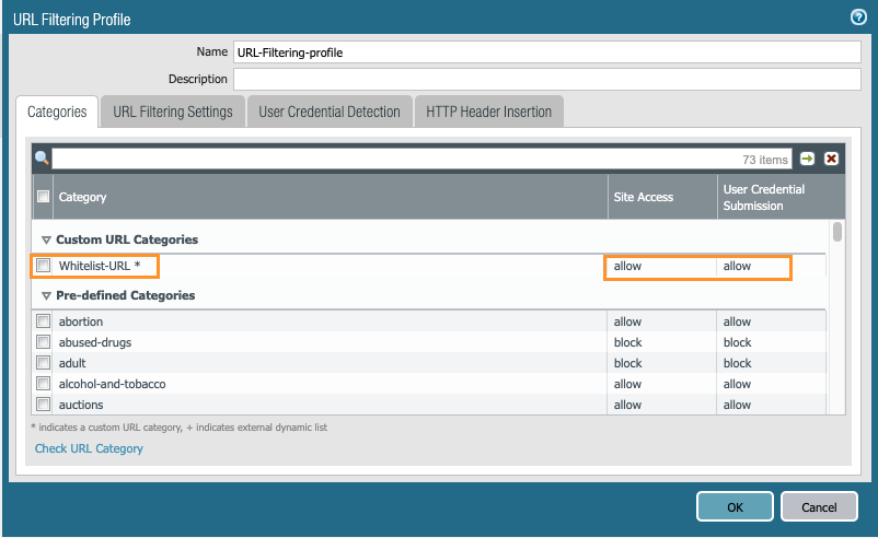 Instantané de la boîte de dialogue de profil de filtrage d’URL