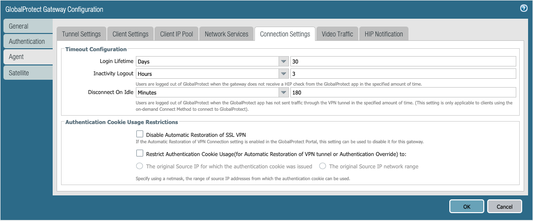 Instantané de globalProtect Gateway Connection Settings Dialog Box