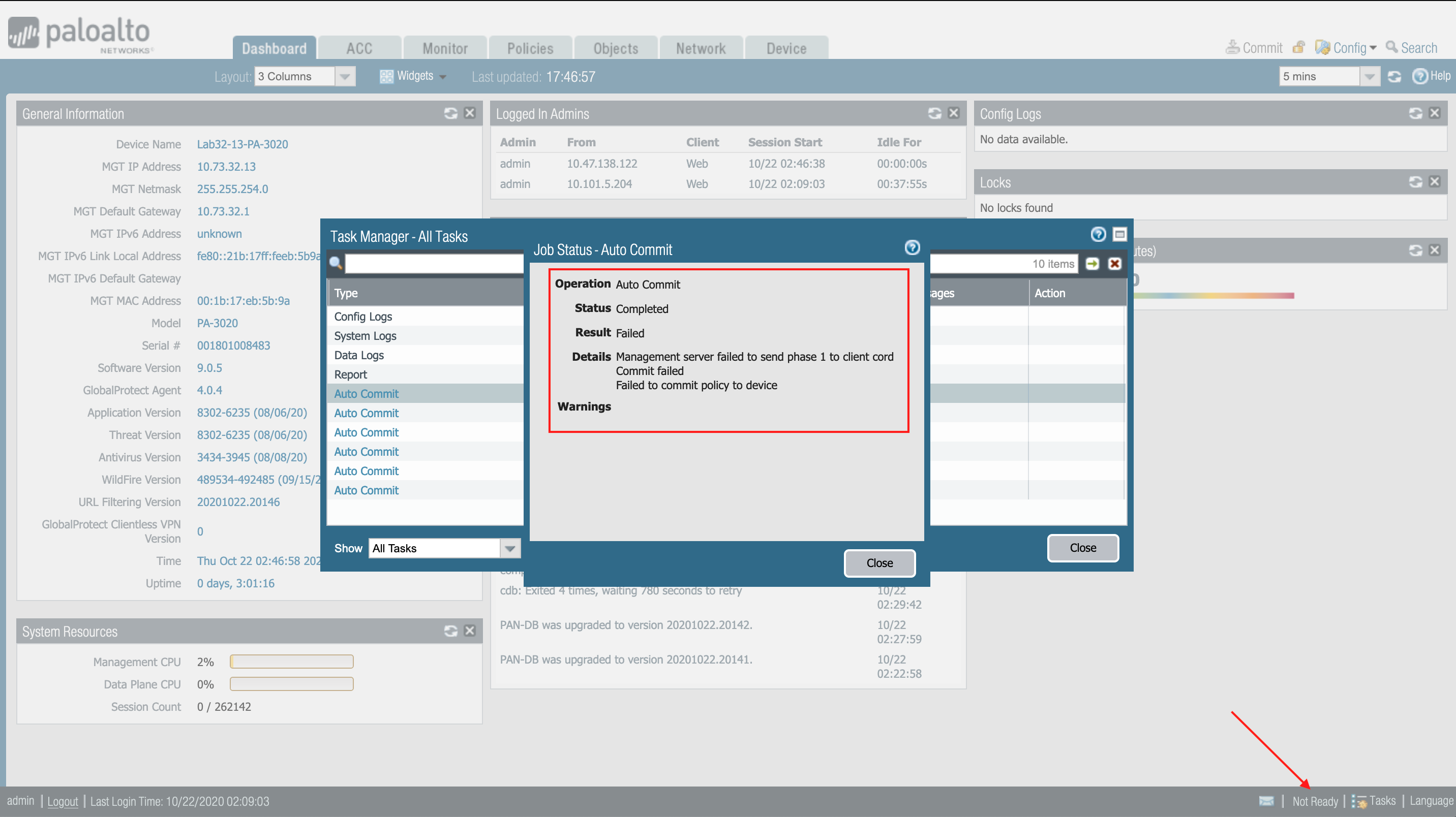 from WebUI, we can see the firewall is in "Not Ready" state