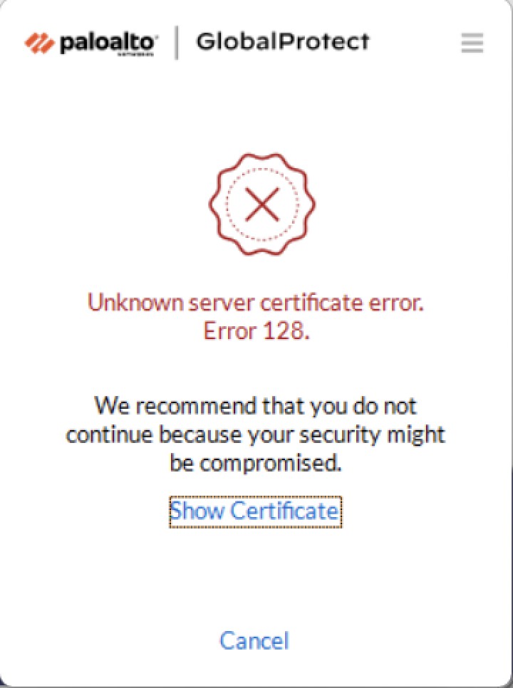 Unknown Server Certificate Error on the GP client