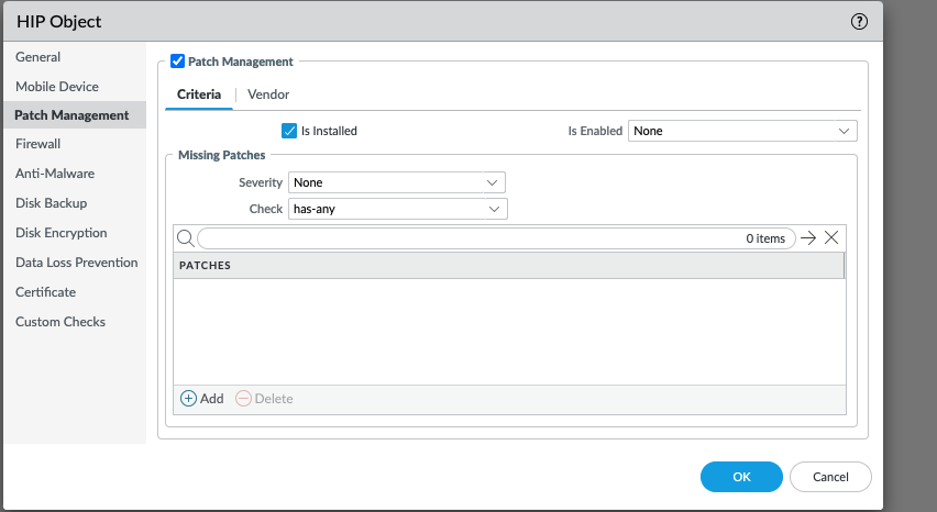 Snapshot displaying the HIP Object > Patch Management Dialog Box within PAN-OS