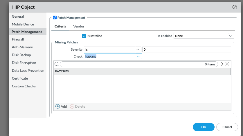 Snapshot displaying the HIP Object Patch Management Dialog Box within PAN-OS