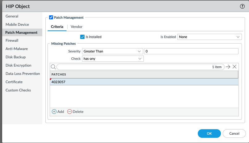 Snapshot displaying the HIP Object Patch Management Dialog Box within PAN-OS