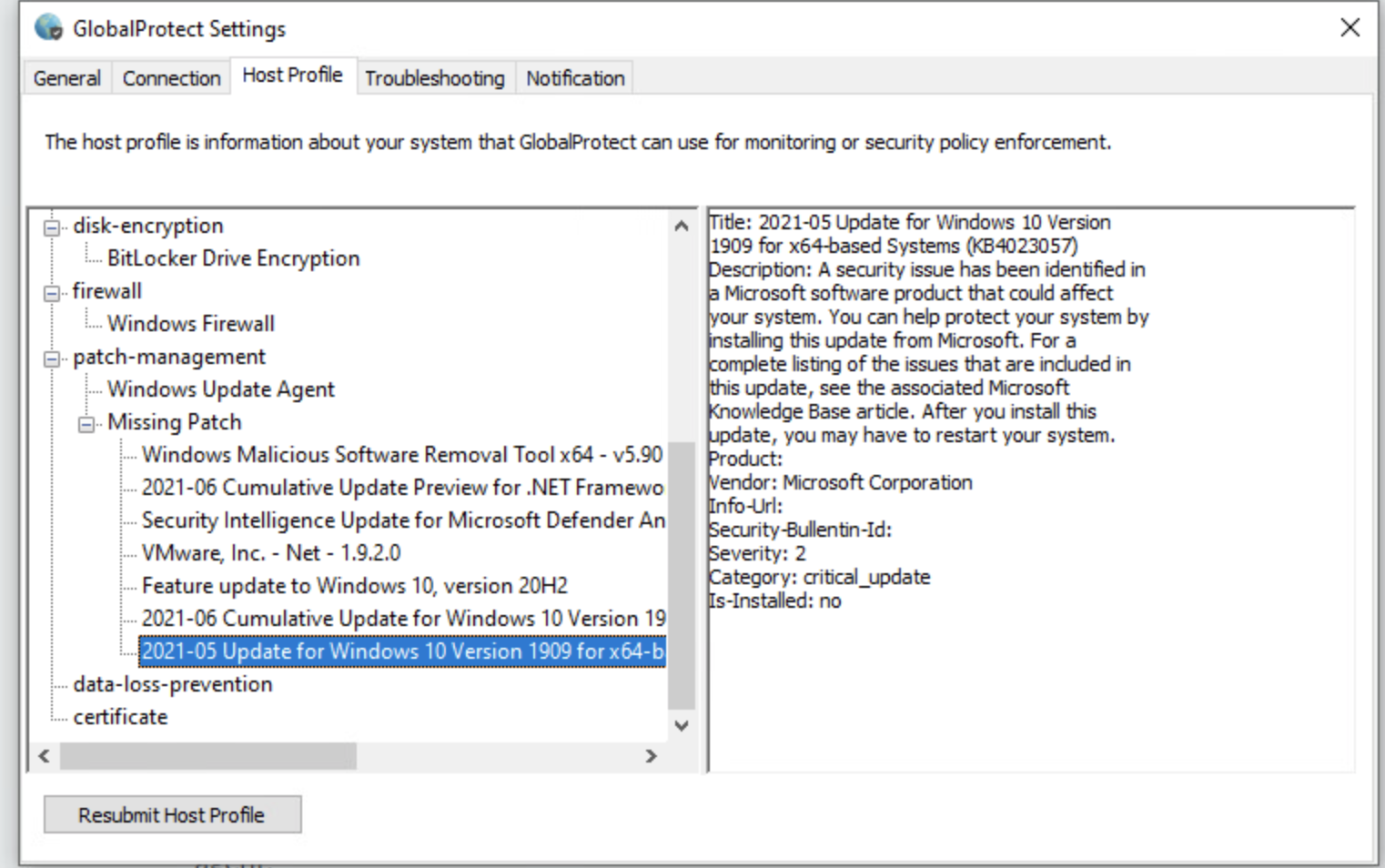 Snapshot displaying the missing patches on the Windows endpoint within the GlobalProtect App Host Info Dialog Box