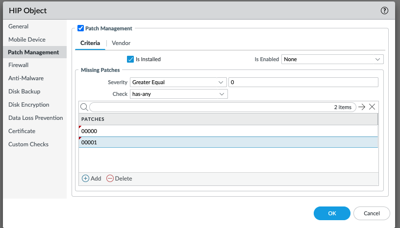 Snapshot displaying the HIP Object Patch Management Dialog Box within PAN-OS