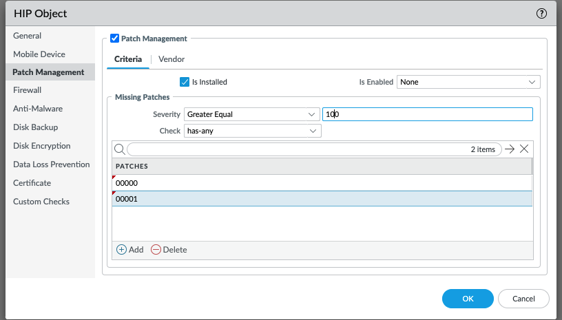 Snapshot displaying the HIP Object Patch Management Dialog Box within PAN-OS