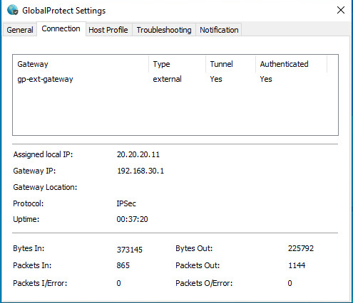 Snapshot showing the uptime of the GlobalProtect endpoint.