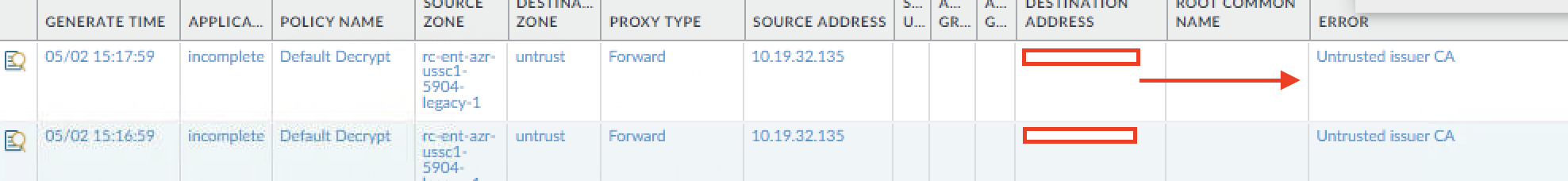 Decryption log showing untrusted CA